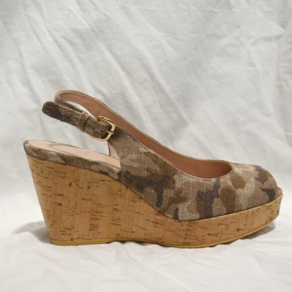 Pre-Loved Stuart Weitzman Camo Peep-Toe Cork Wedge Slingback - Size 6 - Picture 1 of 8